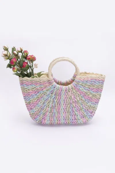 Fashnzfab Faux Straw Multi Color Round Handle Tote Bag In Multi