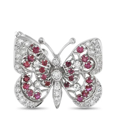 Lb Exclusive 14k White Gold 0.65ct Diamond And Ruby Butterfly Brooch Mf09-082025 In Metallic