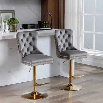 Hivvago Set Of 2 Height Adjustable Upholstered Tufted Velvet Armless Bar Stools With Gold Details - Gray In Gray