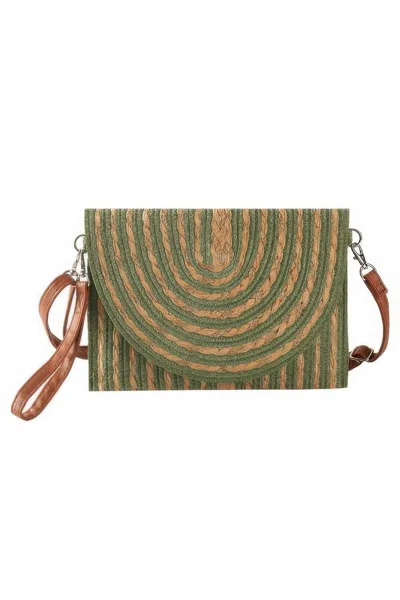 Fashnzfab Gold Threads Mixed Color Straw Clutch Crossbodybag In Green