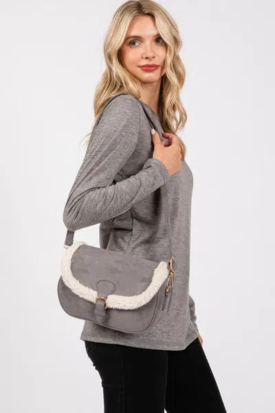 Fashnzfab Fleece Trimmed Solid Crossbodybag Adjustable Strap In Gray