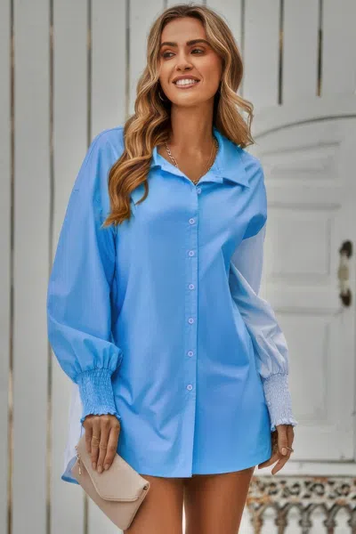 Truedames Color Block Button Down Cuffed Sleeves Blouse In Blue