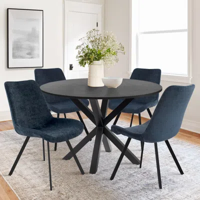 Maison Boucle 5-piece Solid Black Round Dining Table Set With 4 Upholstered Dining Chairs With Black Legs For 4-ma In Blue