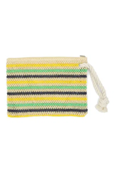 Fashnzfab Women's Rope Handle Multicolor Striped Straw Crochet Pouch In Green