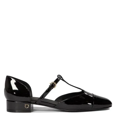 Ferragamo Linette Patent Leather T-strap Ballet Flats In Black
