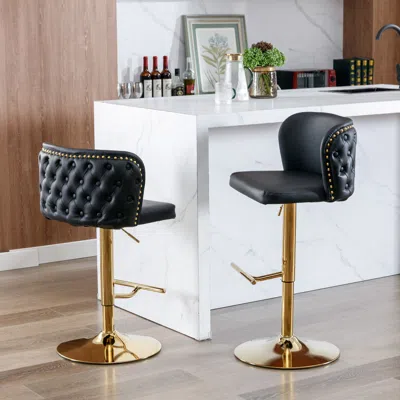Hivvago Set Of 2 Gold Details Upholstered Whole Back Tufted Pu Armless Bar Stools - Black In Black