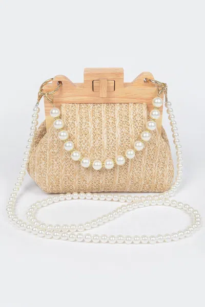 Fashnzfab Faux Straw Wood Frame Clutch W/ Faux Pearl Chain In Sand