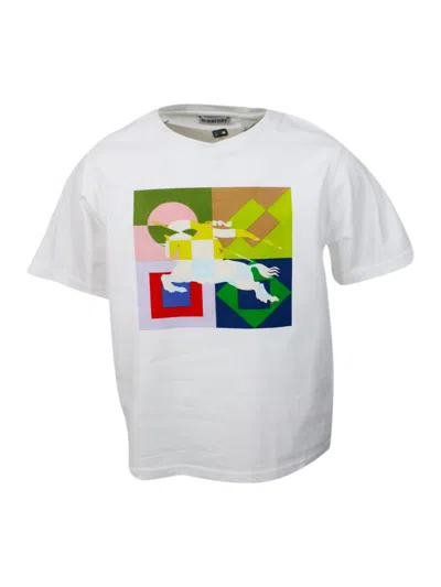 Burberry Short-sleeved Crew-neck T-shirt In Soft Cotton With An Equestrian Knight Print On A Geometric Patter In White