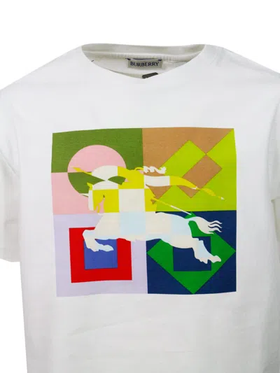 Burberry Short-sleeved Crew-neck T-shirt In Soft Cotton With An Equestrian Knight Print On A Geometric Patter In White