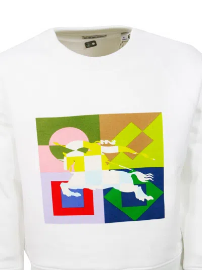 Burberry Crew-neck, Long-sleeved Sweatshirt In Soft Sponge-effect Cotton With Equestrian Knight Printed On A In White