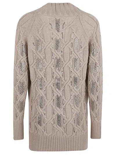 Ermanno Scervino Cable Knit Cardigan Crystal Embellishments In Gray