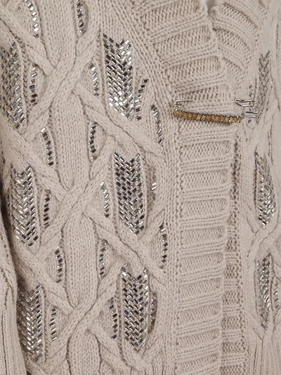 Ermanno Scervino Cable Knit Cardigan Crystal Embellishments In Gray