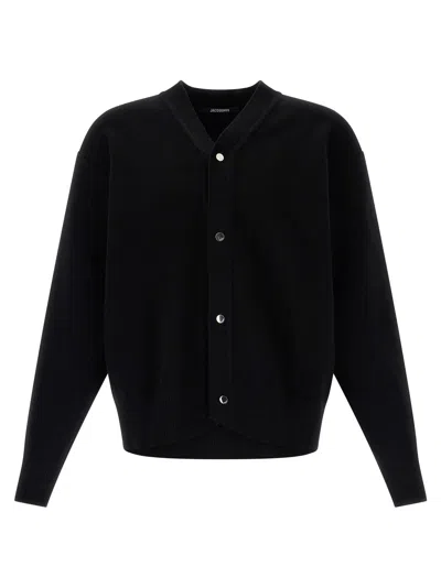 Jacquemus Men Black V-neck Cardigan With J Logo On The Back In Wool Man