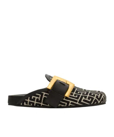 Balmain Anthem Mules In Jacquard Canvas With Pb Monogram In Black