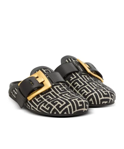 Balmain Anthem Mules In Jacquard Canvas With Pb Monogram In Black