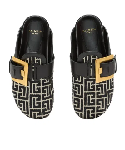 Balmain Anthem Mules In Jacquard Canvas With Pb Monogram In Black
