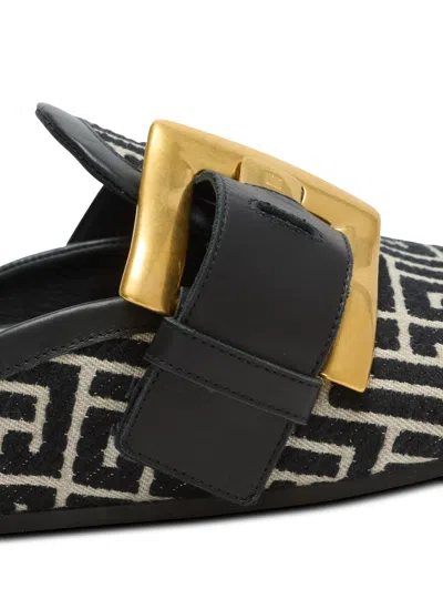 Balmain Anthem Mules In Jacquard Canvas With Pb Monogram In Black
