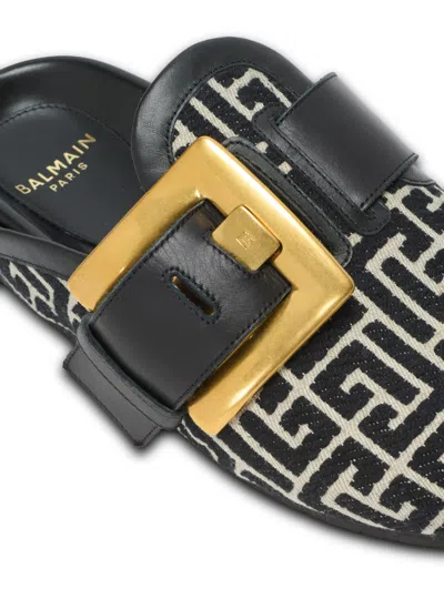 Balmain Anthem Mules In Jacquard Canvas With Pb Monogram In Black