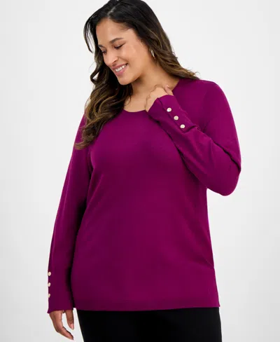 Jm Collection Plus Size Crewneck Long-sleeve Sweater, Macy's Exclusive In Brown