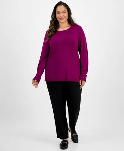 Jm Collection Plus Size Crewneck Long-sleeve Sweater, Macy's Exclusive In Brown