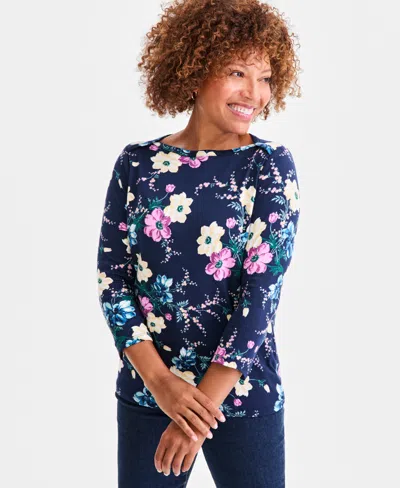 Style & Co Women's Printed Pima Cotton 3/4 Sleeve Boat-neck Top, Macy's Exclusive In Blue