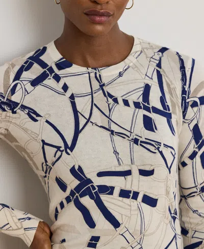 Ralph Lauren Lauren  Belting Print Cotton Blend Sweater In White