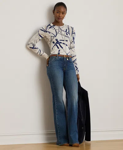 Ralph Lauren Lauren  Belting Print Cotton Blend Sweater In White