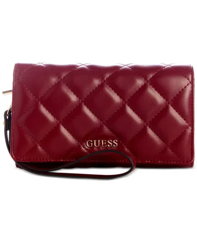 Guess Tinsley Quilted Phone Organizer Wristlet In Burgundy