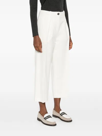 Brunello Cucinelli Cotton Blend Pleated Cropped Trousers In White