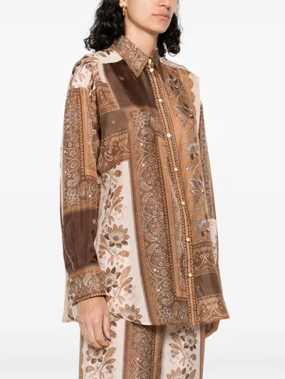 Zimmermann Lucky Manstyle Silk Shirt In Brown