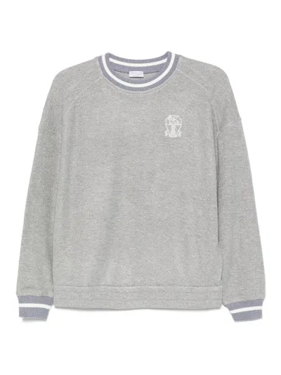 Brunello Cucinelli Crew Neck Logo Embroidered Sweatshirt In Gray
