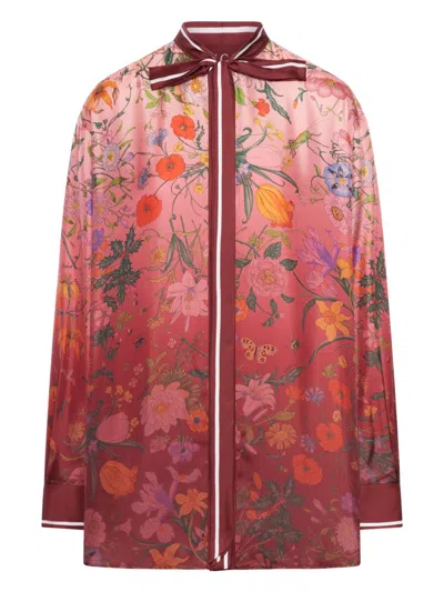 Gucci Bordeaux Shirt With Collar With Bow And All-over Flora Print In Silk Woman In Multi