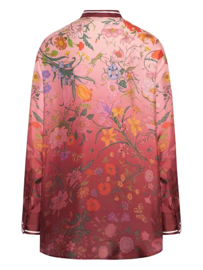 Gucci Bordeaux Shirt With Collar With Bow And All-over Flora Print In Silk Woman In Multi
