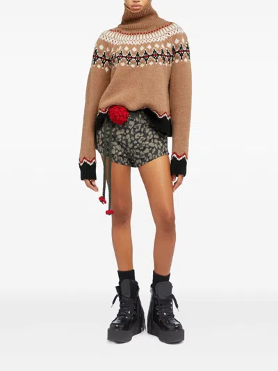 Alanui Patterned Camel Turtleneck Sweater With Geometric And Floral Motifs In Brown