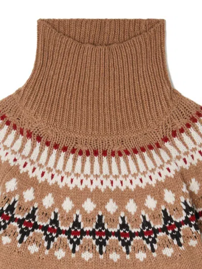 Alanui Patterned Camel Turtleneck Sweater With Geometric And Floral Motifs In Brown