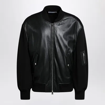 Givenchy Lambskin Leather Front Wool Bomber Jacket In Black