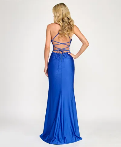 Katia Rae Juniors' Sleeveless Lace-up-back Gown In Blue
