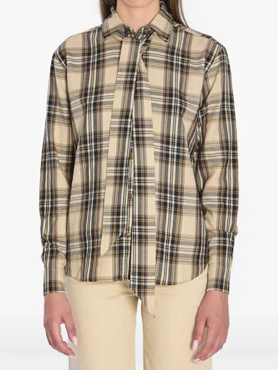 Saint Laurent Cassandre Check Shirt Oversized Tie Collar In Brown
