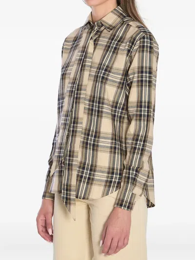 Saint Laurent Cassandre Check Shirt Oversized Tie Collar In Brown