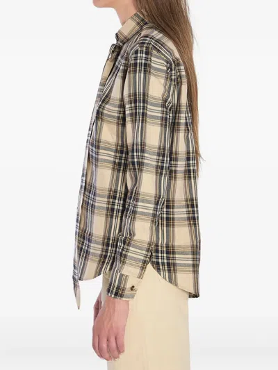 Saint Laurent Cassandre Check Shirt Oversized Tie Collar In Brown