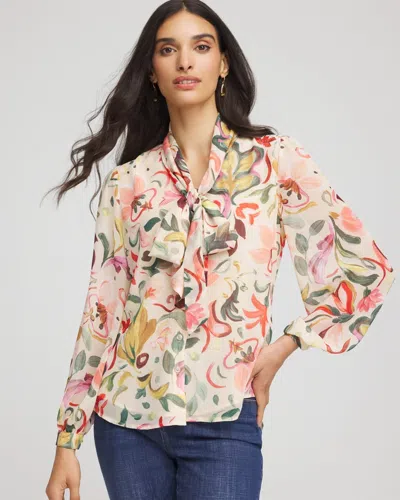 Chico's Floral Jacquard Tie-front Blouse In Cashew In Multi