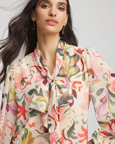 Chico's Floral Jacquard Tie-front Blouse In Cashew In Multi