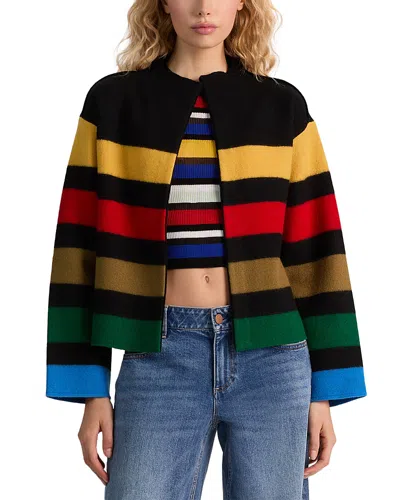 Alice And Olivia Pearson Collared Striped Sweater Jacket Black Multi