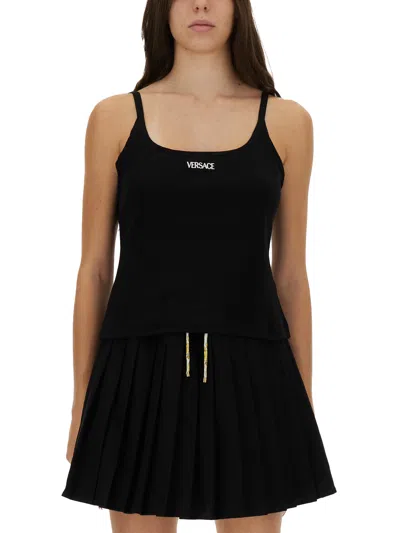 Versace Logo Ribbed Tank Top In Black