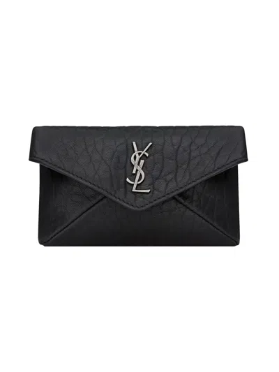 Saint Laurent Monogram Crocodile Effect Envelope Card Holder In Black