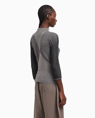 Emporio Armani Long Sleeve Striped Mock Neck Top In Gray