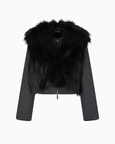 Emporio Armani Cropped Jacket With Faux Fur Trim In Black