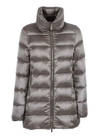 Moorer Long Quilted Down Jacket With High Collar In Metallic