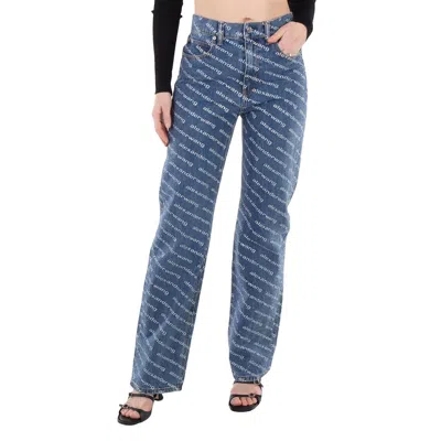 Alexander Wang T T By Alexander Wang Logo-print Sequined Mid-rise Straight Leg Cotton Trousers In Blue