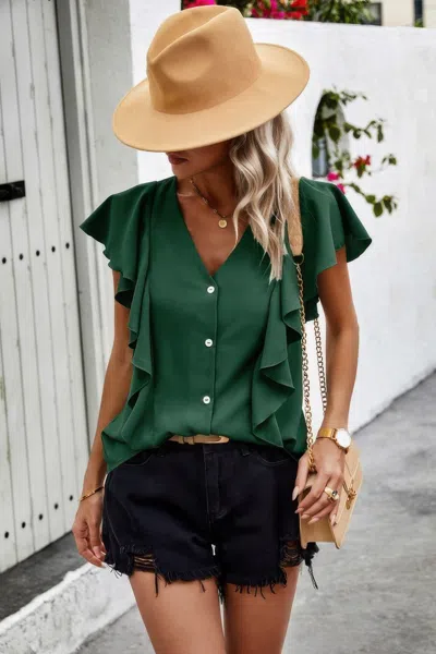 Truedames Solid Button Ruffle V Neck Fit Blouse In Green